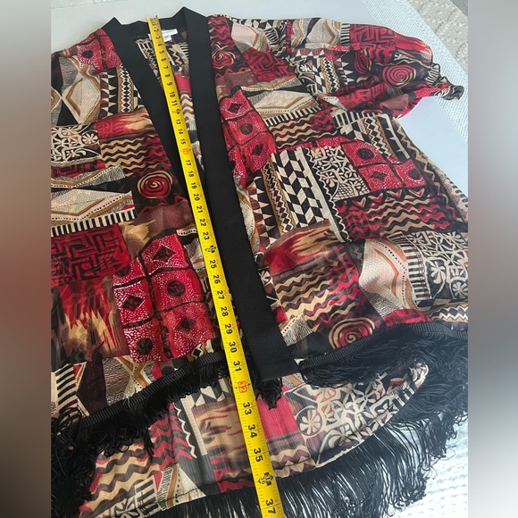 Red and Black Chiffon Topper Cover Up Kimono Duster with fringe - Picture 6 of 7